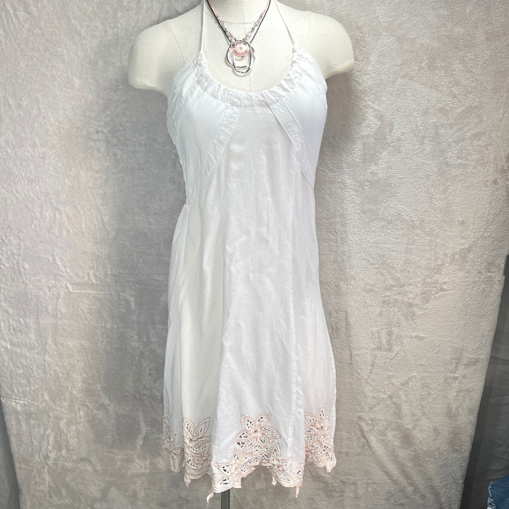 Y2K White Halter Crochet Lace Trim knee length Dress Women's M Fairy Resort